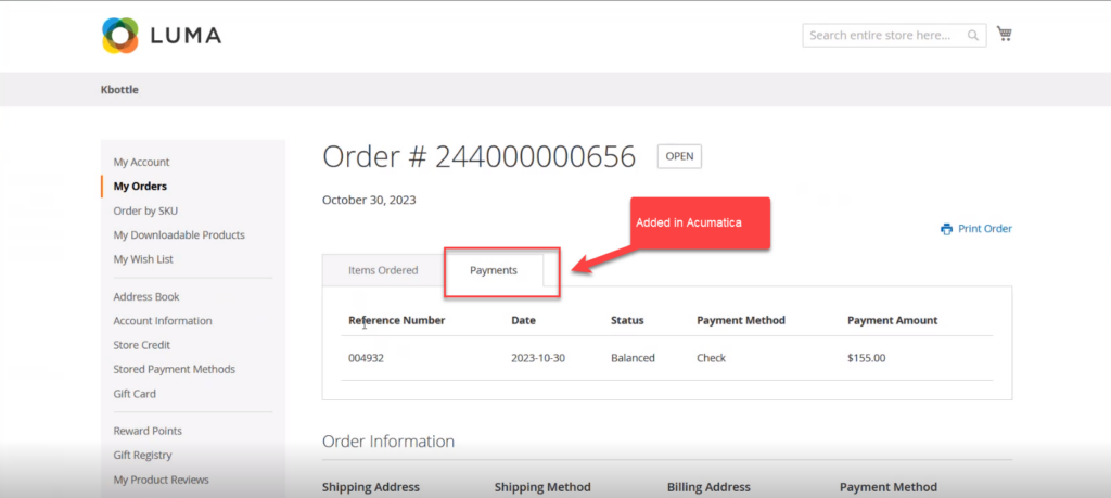 Updated Payment tab sync and added in Magento
